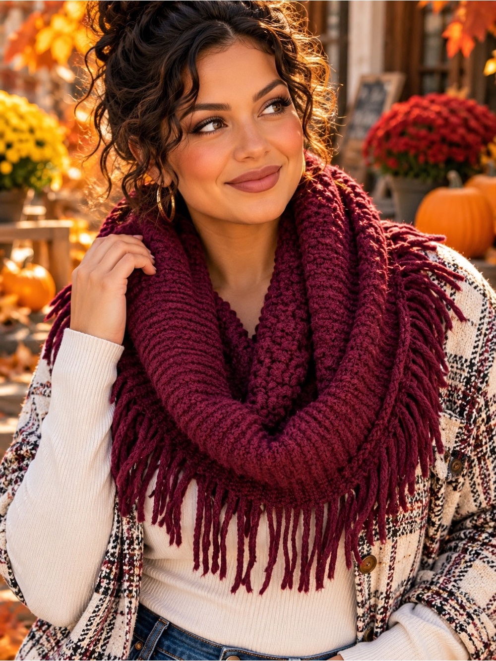 VEOND Burgundy Chunky Knit Fringe Infinity Scarf Cozy Fall Winter